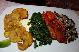 Vegetable Plate - Plantain Tostones, Skillet Greens, Melted Tomatoes, Pigeon Peas and Popcorn Rice