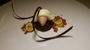 Chocolate Caramel Cremeux with milk chocolate ice cream, passionfruit chantilly 
