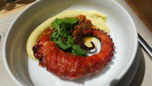 Grilled Mediterranean Octopus, soppressata, fava puree, almond agrodolce
