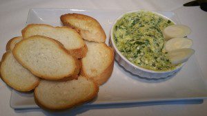 Warm Hearts of Palm and Spinach Dip, crispy toasts