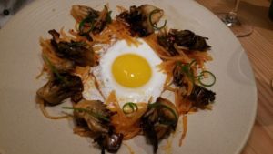 Roasted Maitake Mushroom, kohirabi, chili garlic, fried egg