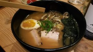 Tonkotsu Ramen (pork belly, black garlic, shimeji mushrooms, toasted nori, onsen egg)