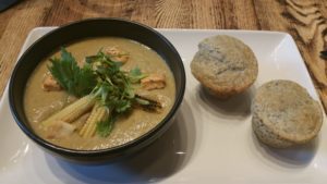 Summer Corn Soup, grilled baby corn, sesame crackers, blue croutons, micro cilantro